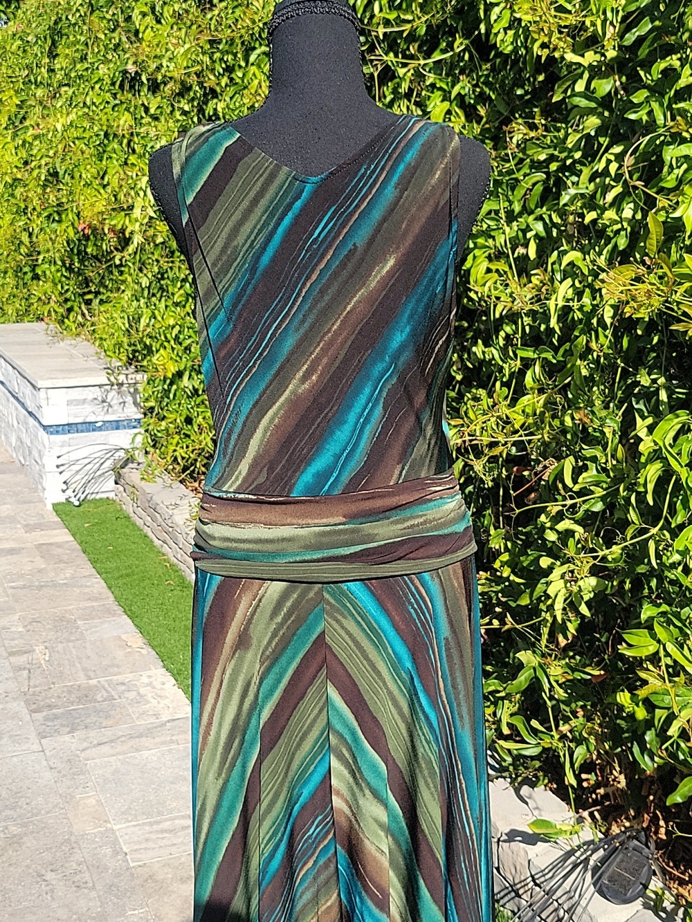 Y2K Striped Wrap Top Drop Waist Midi Dress - Teal & Brown L - Picture 5 of 13